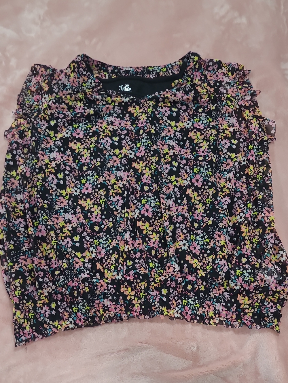 Justice Floral Ruffle Sleeve Crop Top - Black with Pink & Yellow Flowers